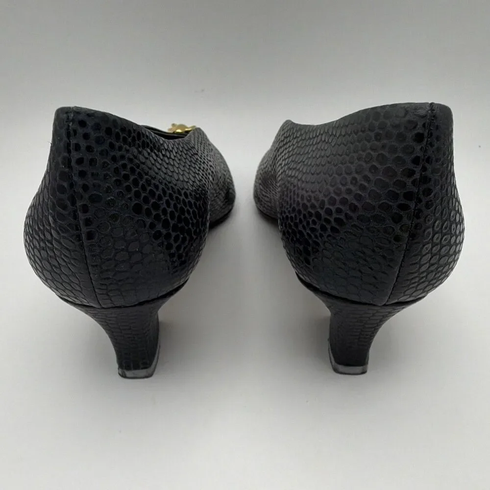 d'Rosana by Charna Black Reptile Embossed Leather Pumps Gold Hardware US 7 M